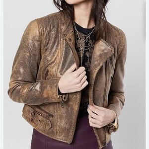 Free People Snakeskin Fenix Vegan Leather Moto Jacket Small Brown Biker Cropped
